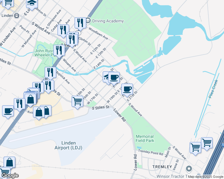 map of restaurants, bars, coffee shops, grocery stores, and more near 1837 South Wood Avenue in Linden