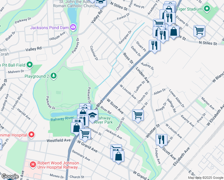 map of restaurants, bars, coffee shops, grocery stores, and more near 2109 Saint Georges Avenue in Rahway