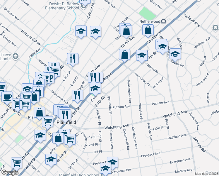 map of restaurants, bars, coffee shops, grocery stores, and more near 601-03 Richmond Street in Plainfield