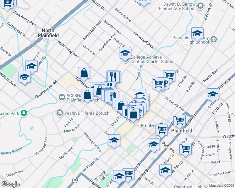 map of restaurants, bars, coffee shops, grocery stores, and more near 24 Race Street in North Plainfield
