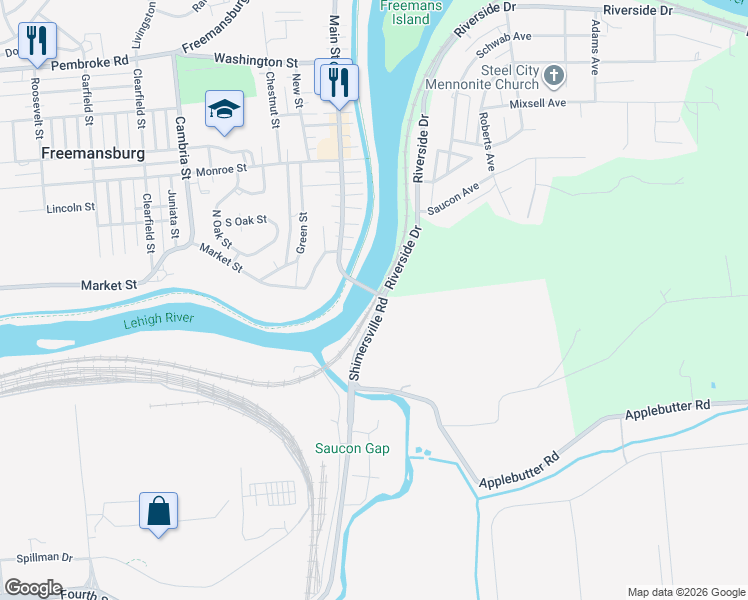 map of restaurants, bars, coffee shops, grocery stores, and more near 64 Shimersville Road in Bethlehem