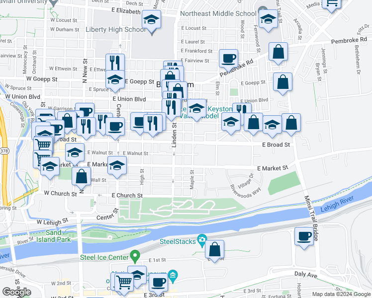 map of restaurants, bars, coffee shops, grocery stores, and more near 527 Maple Street in Bethlehem