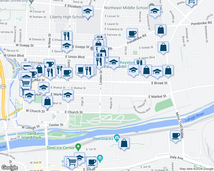 map of restaurants, bars, coffee shops, grocery stores, and more near 527 Maple Street in Bethlehem