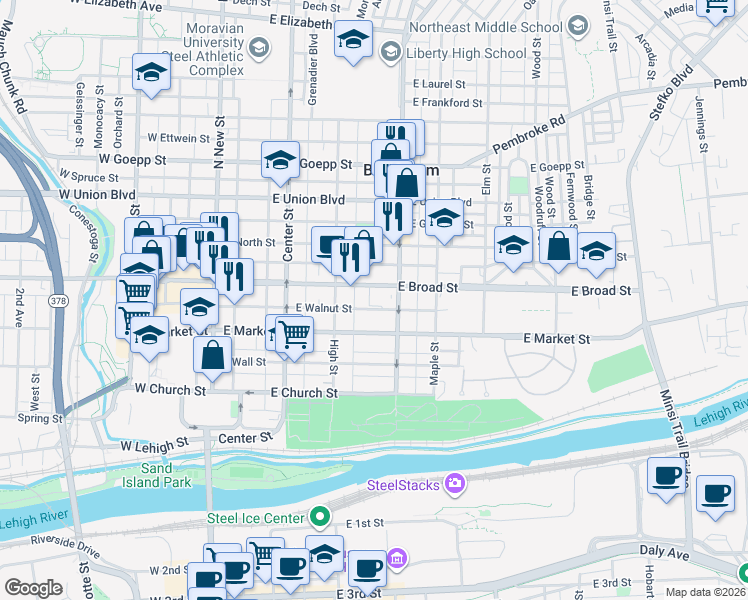 map of restaurants, bars, coffee shops, grocery stores, and more near 530 Penn Street in Bethlehem