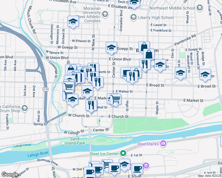 map of restaurants, bars, coffee shops, grocery stores, and more near 528 Center Street in Bethlehem