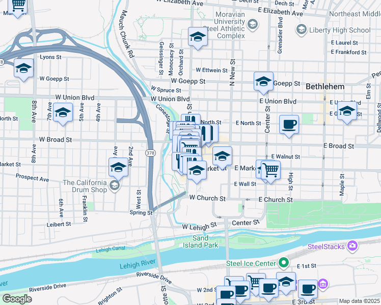 map of restaurants, bars, coffee shops, grocery stores, and more near 533 Main Street in Bethlehem