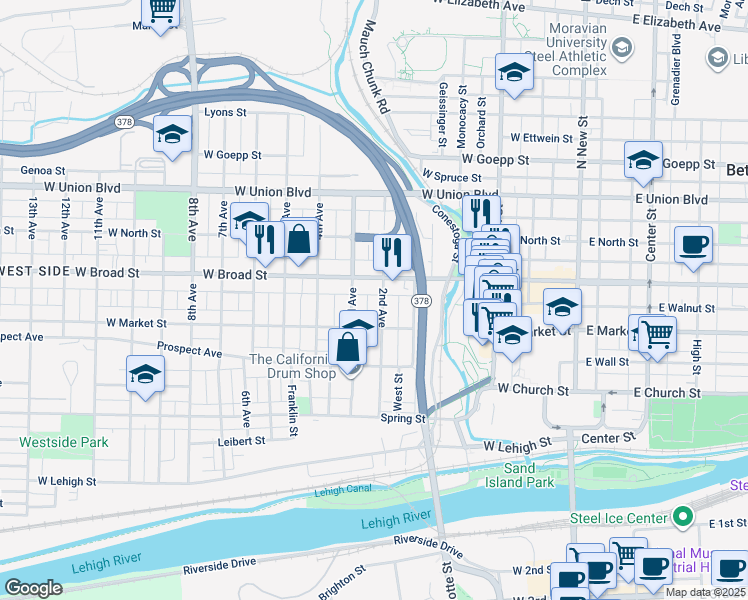 map of restaurants, bars, coffee shops, grocery stores, and more near 521 2nd Avenue in Bethlehem