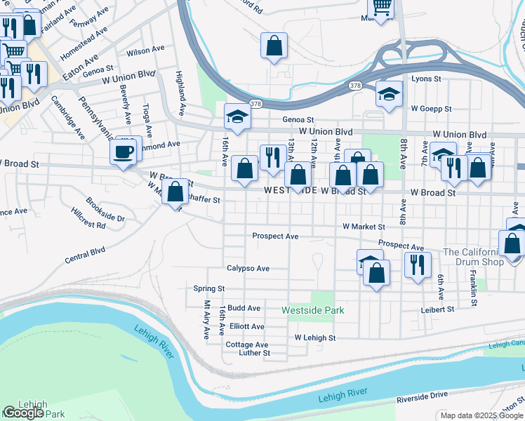 map of restaurants, bars, coffee shops, grocery stores, and more near 515 14th Avenue in Bethlehem