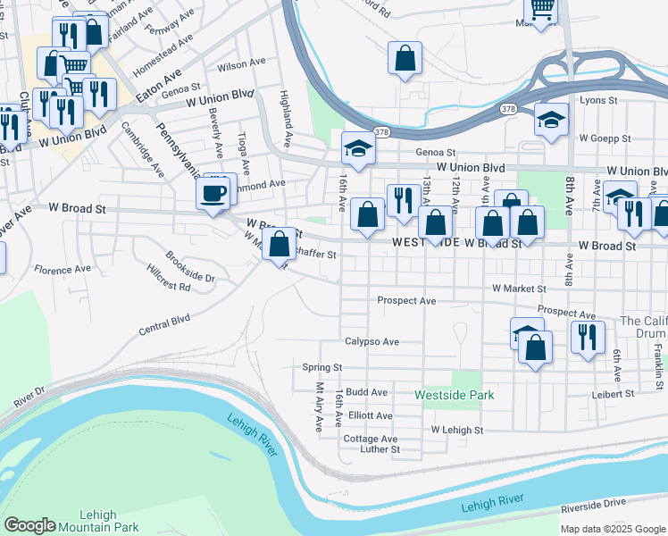 map of restaurants, bars, coffee shops, grocery stores, and more near 1722 West Market Street in Bethlehem