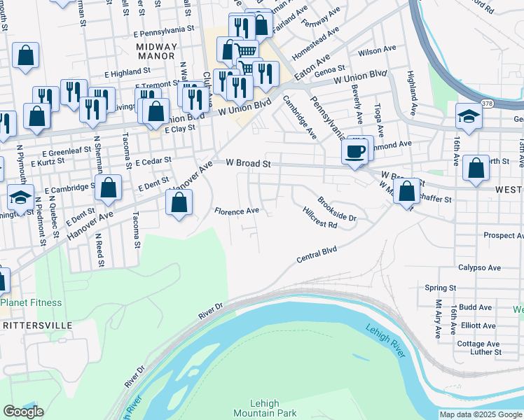 map of restaurants, bars, coffee shops, grocery stores, and more near 345 Grandview Boulevard in Bethlehem