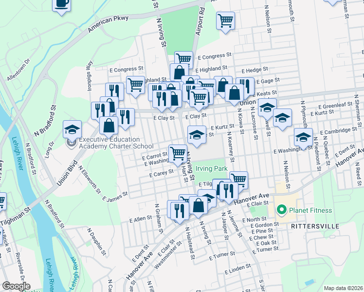 map of restaurants, bars, coffee shops, grocery stores, and more near 821 North Halstead Street in Allentown