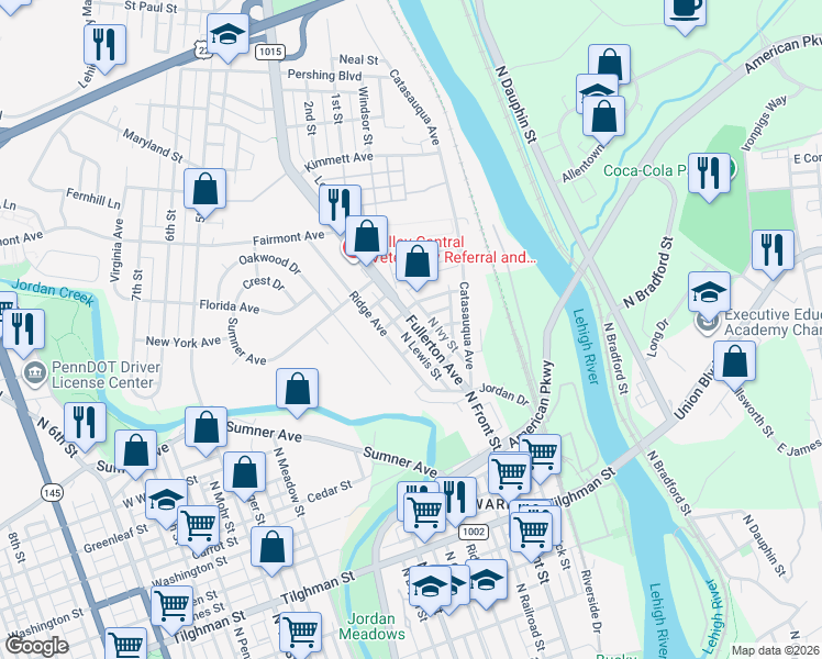 map of restaurants, bars, coffee shops, grocery stores, and more near 1115 Ridge Avenue in Allentown