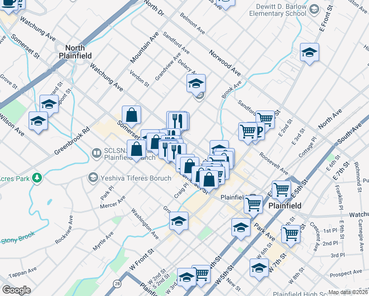 map of restaurants, bars, coffee shops, grocery stores, and more near 24 Race Street in North Plainfield
