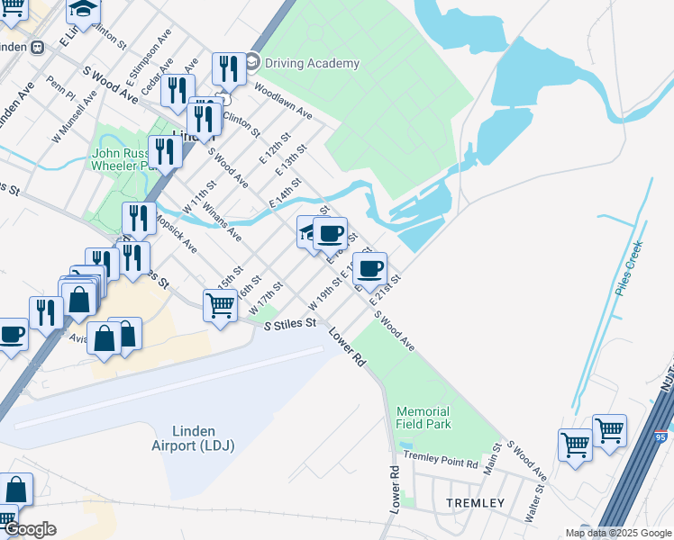 map of restaurants, bars, coffee shops, grocery stores, and more near 1837 South Wood Avenue in Linden