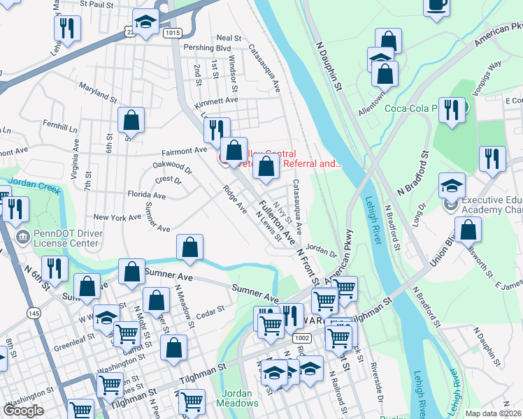 map of restaurants, bars, coffee shops, grocery stores, and more near 1115 Ridge Avenue in Allentown
