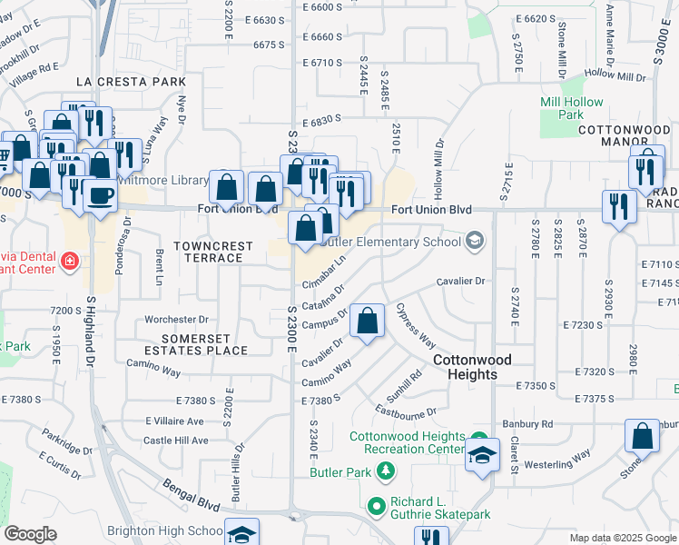 map of restaurants, bars, coffee shops, grocery stores, and more near 2384 Cinnabar Lane South in Cottonwood Heights