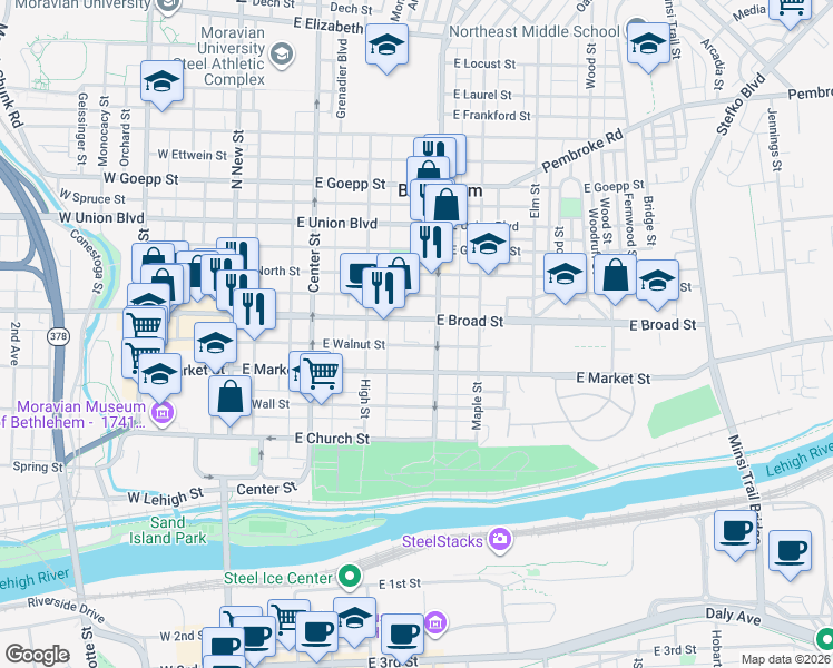 map of restaurants, bars, coffee shops, grocery stores, and more near 530 Penn Street in Bethlehem