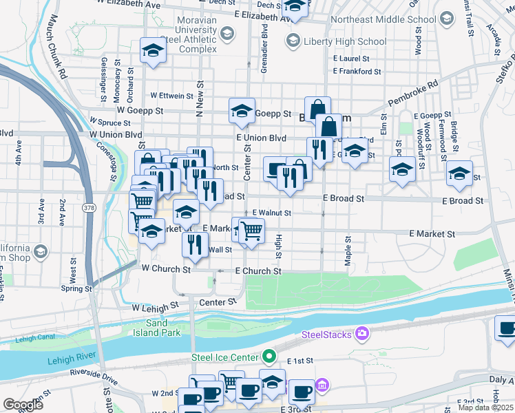 map of restaurants, bars, coffee shops, grocery stores, and more near 533 Pine Street in Bethlehem