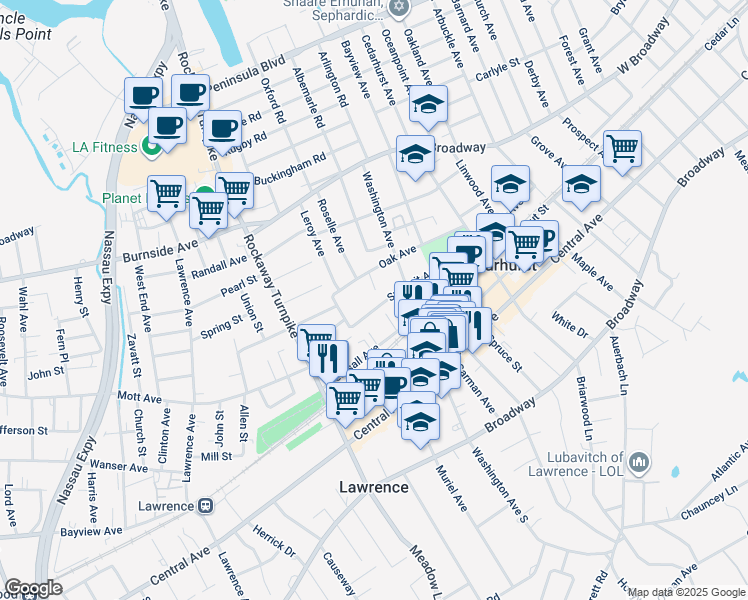 map of restaurants, bars, coffee shops, grocery stores, and more near 376 Summit Avenue in Cedarhurst