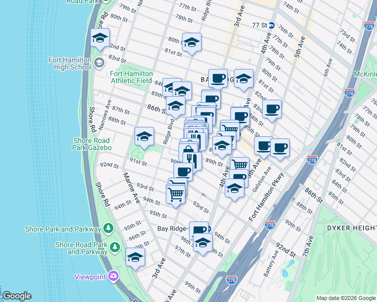 map of restaurants, bars, coffee shops, grocery stores, and more near 263 89th Street in Brooklyn