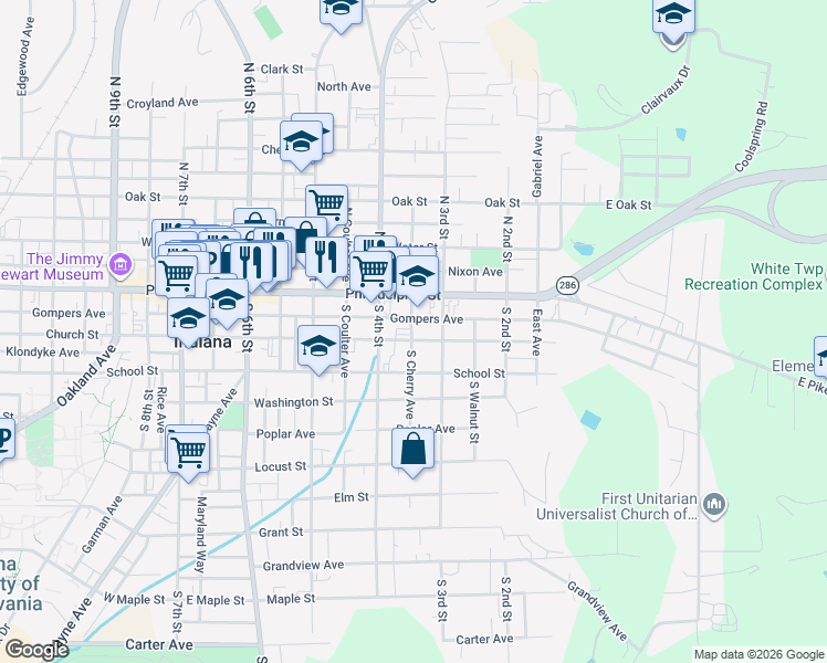 map of restaurants, bars, coffee shops, grocery stores, and more near 337 Church Street in Indiana