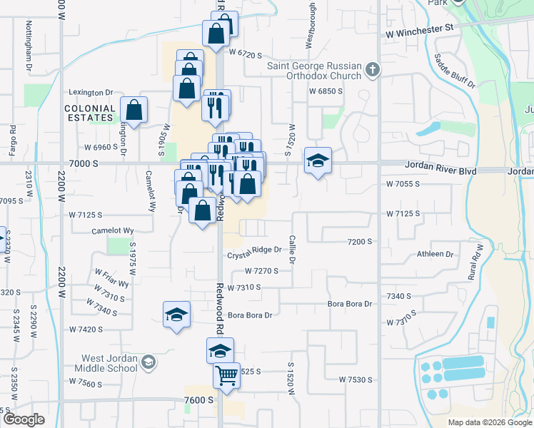 map of restaurants, bars, coffee shops, grocery stores, and more near 7136 Longitude Lane in West Jordan