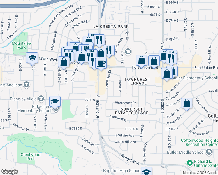 map of restaurants, bars, coffee shops, grocery stores, and more near 7125 Ponderosa Drive in Cottonwood Heights