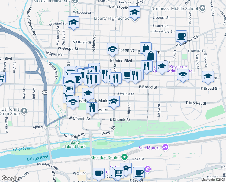 map of restaurants, bars, coffee shops, grocery stores, and more near 535 Center Street in Bethlehem