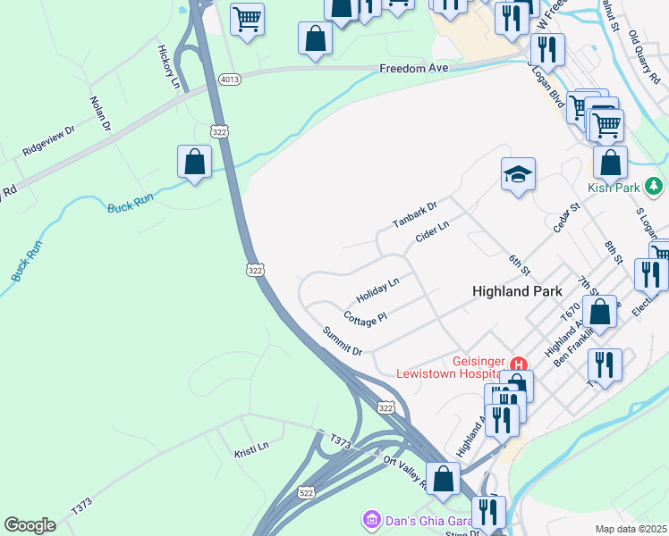 map of restaurants, bars, coffee shops, grocery stores, and more near 541 Summit Drive in Lewistown