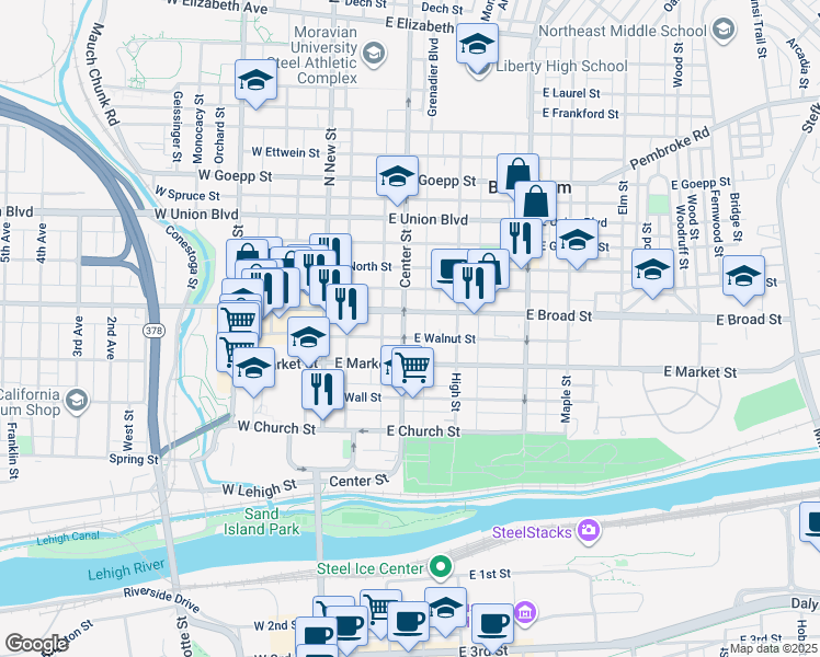 map of restaurants, bars, coffee shops, grocery stores, and more near 536 Center Street in Bethlehem