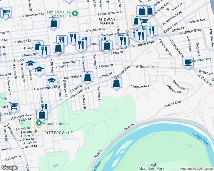 map of restaurants, bars, coffee shops, grocery stores, and more near 2030 Trump Street in Allentown