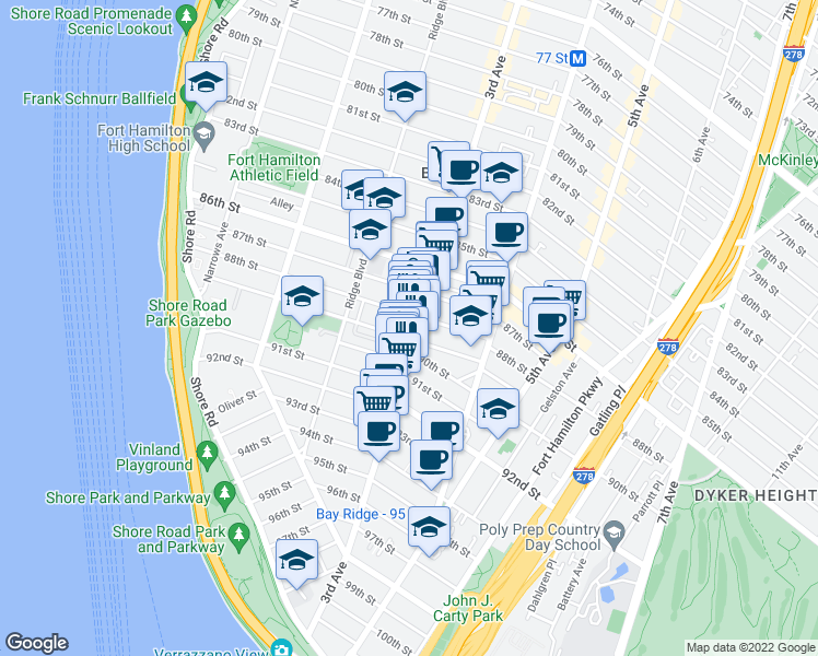 map of restaurants, bars, coffee shops, grocery stores, and more near 8802 3rd Avenue in Brooklyn