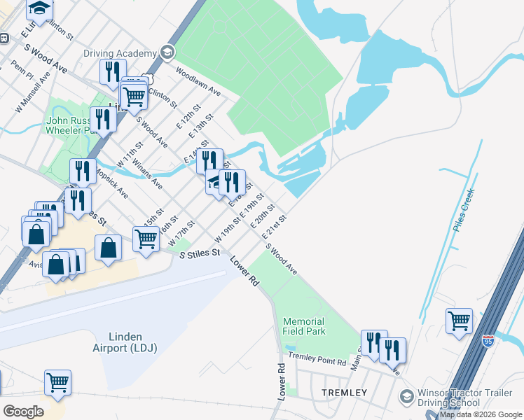 map of restaurants, bars, coffee shops, grocery stores, and more near 29 East 20th Street in Linden