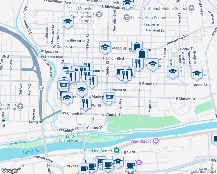 map of restaurants, bars, coffee shops, grocery stores, and more near 536 Center Street in Bethlehem