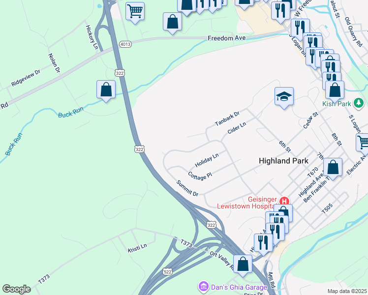 map of restaurants, bars, coffee shops, grocery stores, and more near 541 Summit Drive in Lewistown