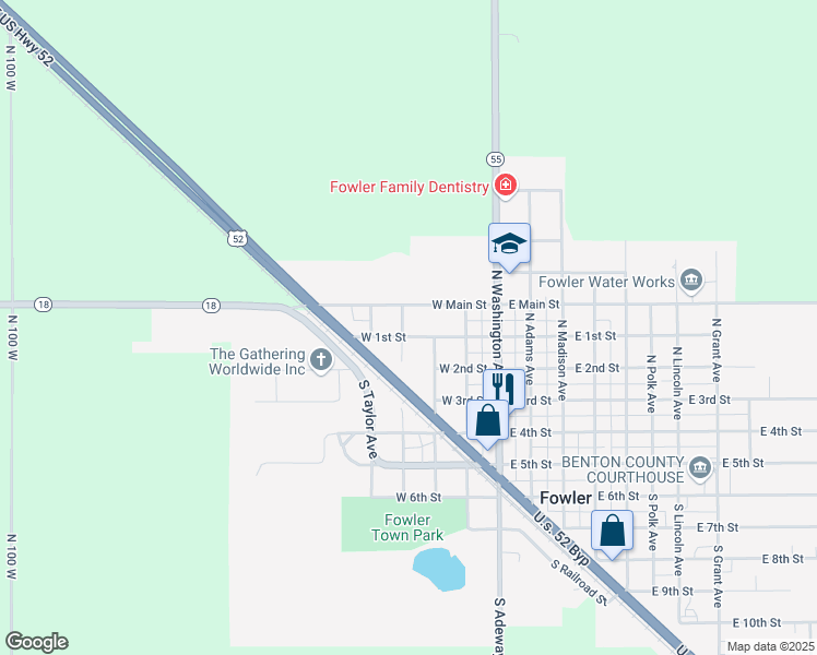 map of restaurants, bars, coffee shops, grocery stores, and more near 307 West 1st Street in Fowler