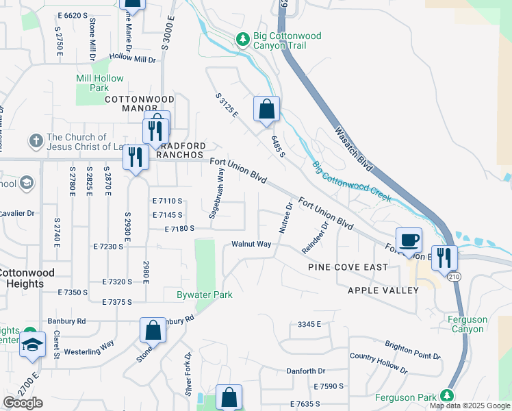 map of restaurants, bars, coffee shops, grocery stores, and more near 7118 South Pinecone Street in Cottonwood Heights