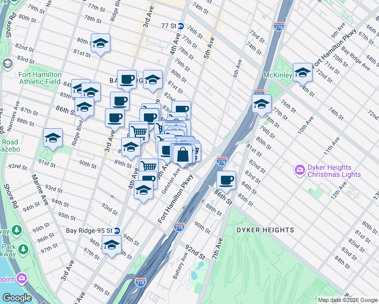 map of restaurants, bars, coffee shops, grocery stores, and more near 533 85th Street in Brooklyn
