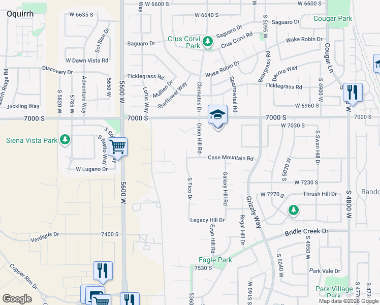 map of restaurants, bars, coffee shops, grocery stores, and more near 7125 South Case Mountain Cove in West Jordan