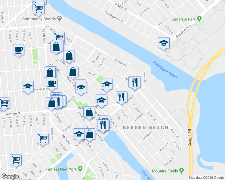 map of restaurants, bars, coffee shops, grocery stores, and more near East 72nd Street in Brooklyn