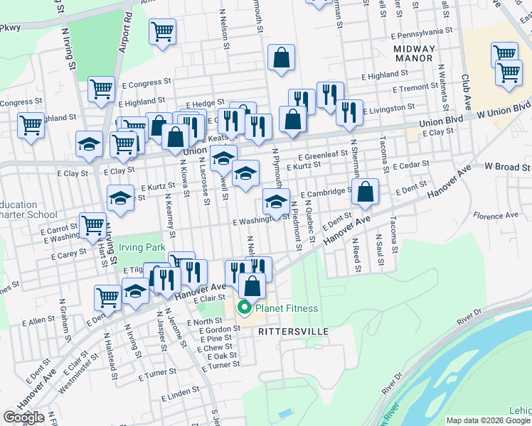 map of restaurants, bars, coffee shops, grocery stores, and more near 802 North Oswego Street in Allentown