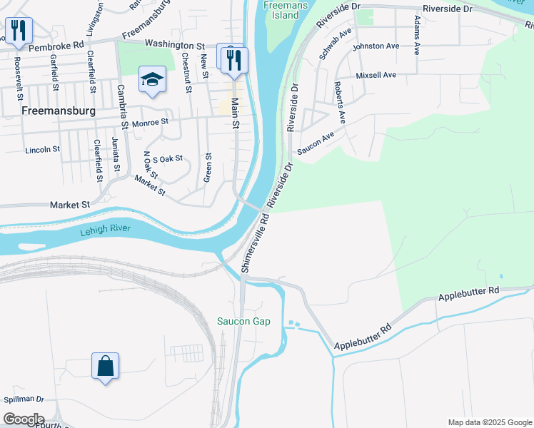 map of restaurants, bars, coffee shops, grocery stores, and more near 1600 Riverside Drive in Bethlehem