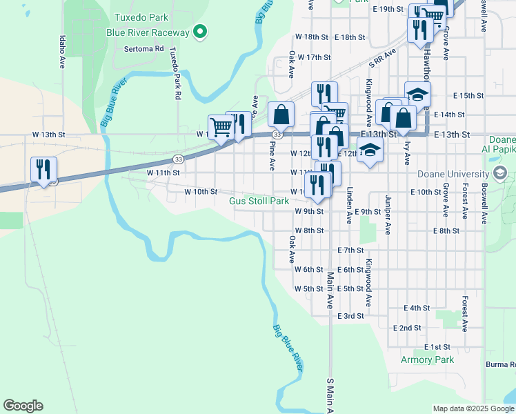 map of restaurants, bars, coffee shops, grocery stores, and more near 440 West 9th Street in Crete