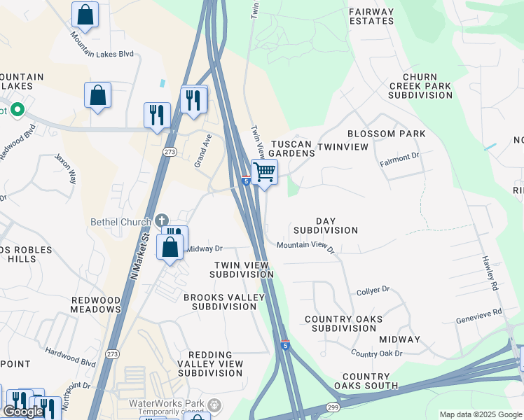 map of restaurants, bars, coffee shops, grocery stores, and more near 5435 Mountain View Drive in Redding