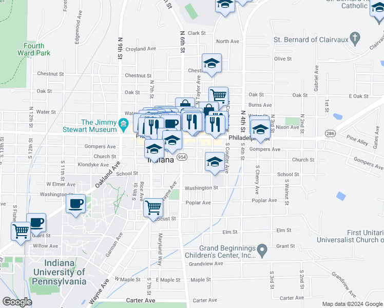 map of restaurants, bars, coffee shops, grocery stores, and more near 557 Church Street in Indiana