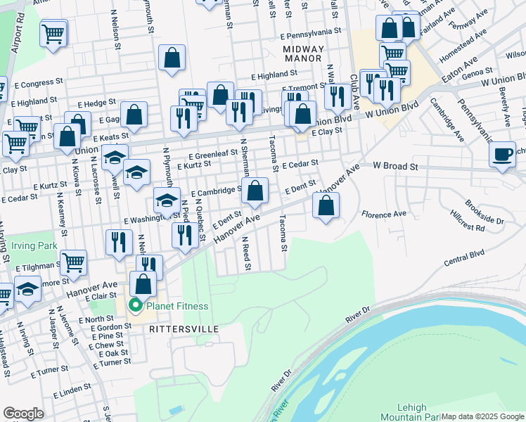 map of restaurants, bars, coffee shops, grocery stores, and more near 1913 Hanover Avenue in Allentown