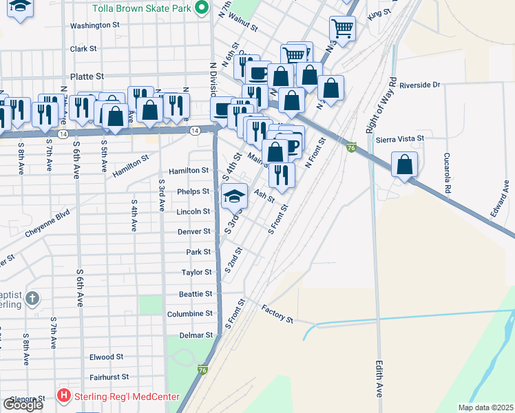 map of restaurants, bars, coffee shops, grocery stores, and more near 224 South 2nd Street in Sterling
