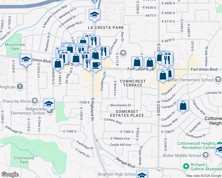 map of restaurants, bars, coffee shops, grocery stores, and more near 7136 Brent Lane in Cottonwood Heights