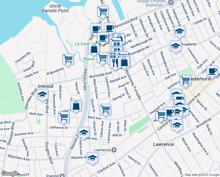 map of restaurants, bars, coffee shops, grocery stores, and more near 211 Pearl Street in Lawrence