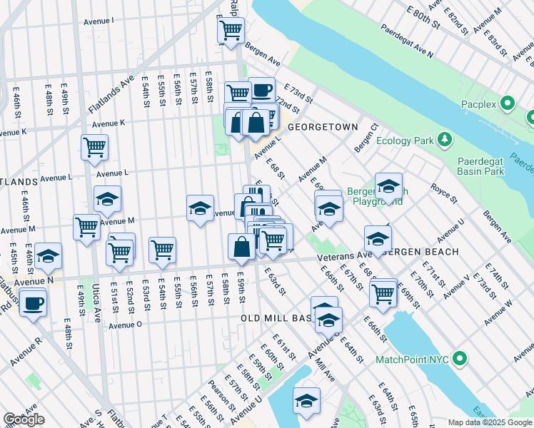 map of restaurants, bars, coffee shops, grocery stores, and more near 2317 Ralph Avenue in Brooklyn